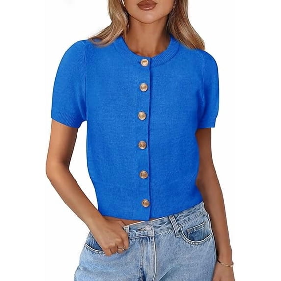 PRETTYGARDEN Womens Casual Summer Short Sleeve Cardigans Button Down Knitted Sweater Basic Crew Neck Crop Tops