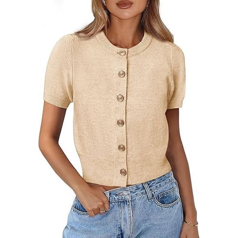 PRETTYGARDEN Womens Casual Summer Short Sleeve Cardigans Button Down Knitted Sweater Basic Crew Neck Crop Tops