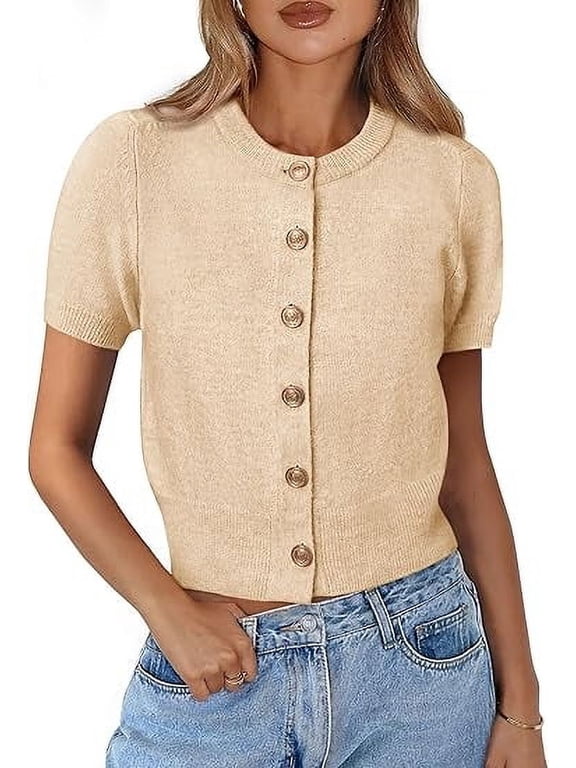 Womens Casual Short Sleeve Cardigans Button Down Knitted Sweater Basic Crew Neck Crop Tops