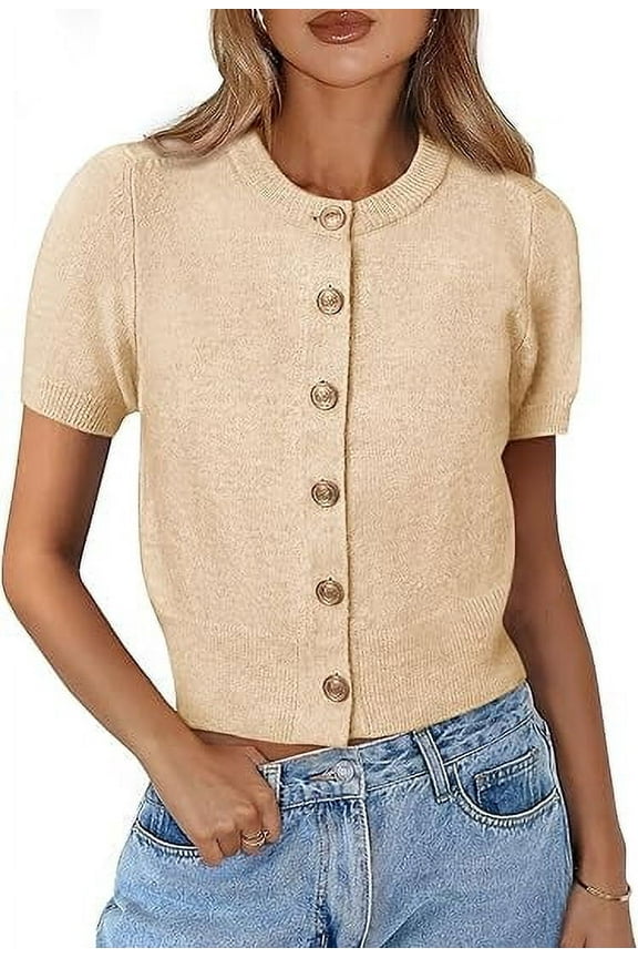 Womens Casual Summer Short Sleeve Cardigans Button Down Knitted Sweater Basic Crew Neck Crop Tops