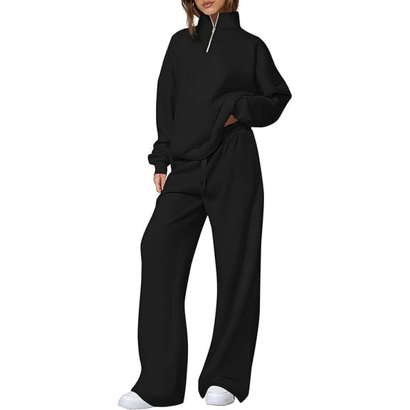 PRETTYGARDEN Womens Casual Two Piece Sets Fall Outfits Quarter Zip Sweatshirts Straight Leg Pants Sweatsuits Tracksuit
