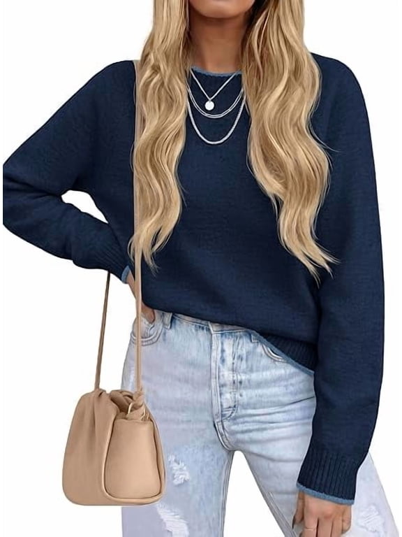 Womens Crewneck Fall Sweaters Pullover Tops Soft Stretchy Knit,Raglan Long Sleeve,Ribbed Cuffs,Color Block,Casual Daily Outfits,Office Work Clothes,Winter Layering Wear