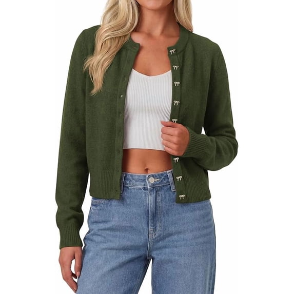 PRETTYGARDEN Womens Cropped Button Up Knit Cardigan Sweater | Cute Crewneck Long Sleeve Lightweight Tops, Fall Trendy Slim Fit Soft Cozy Casual Cardigans, Holiday Party Sweaters