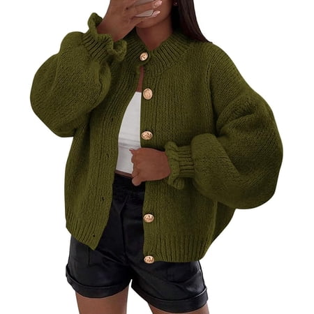 PRETTYGARDEN Womens Cropped Cardigans Trendy Ruffle Open Front Chunky Knit Sweater Oversized Button Down Fall Clothes