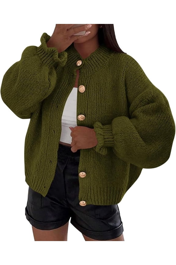Womens Cropped Cardigans Trendy Ruffle Open Front Chunky Knit Sweater Oversized Button Down Fall Clothes