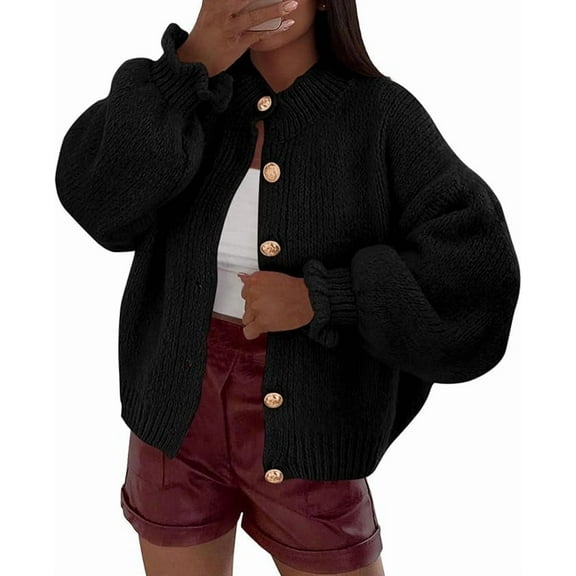 PRETTYGARDEN Womens Cropped Cardigans Trendy Ruffle Open Front Chunky Knit Sweater Oversized Button Down Fall Clothes