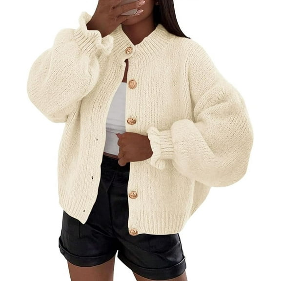 PRETTYGARDEN Womens Cropped Cardigans Trendy Ruffle Open Front Chunky Knit Sweater Oversized Button Down Fall Clothes