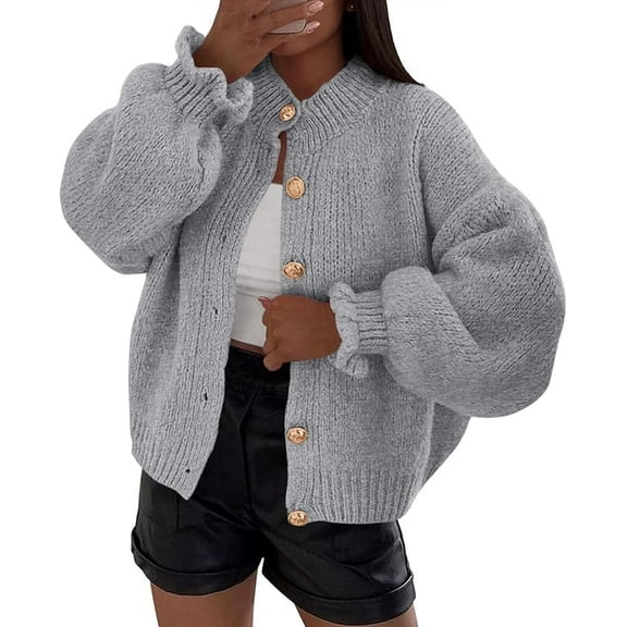 PRETTYGARDEN Womens Cropped Cardigans Trendy Ruffle Open Front Chunky Knit Sweater Oversized Button Down Fall Clothes