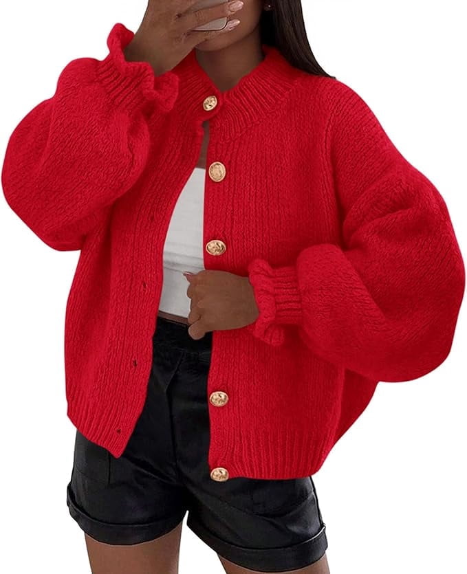 PRETTYGARDEN Women's Cropped Ruffle Cardigan - Oversized Chunky Knit, Button Front, Fall Winter Sweater