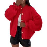 PRETTYGARDEN Womens Cropped Cardigans Trendy Ruffle Open Front Chunky Knit Sweater Oversized Button Down Fall Clothes