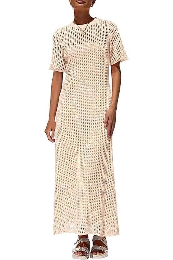 Womens Eyelet Cover Up Dress Summer Vacation Resort Maxi Dresses Beach Short Sleeve Hollow Out Sundress