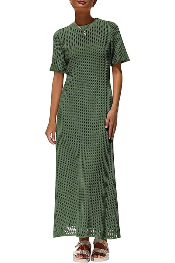 Womens Eyelet Cover Up Dress Summer Vacation Resort Maxi Dresses Beach Short Sleeve Hollow Out Sundress