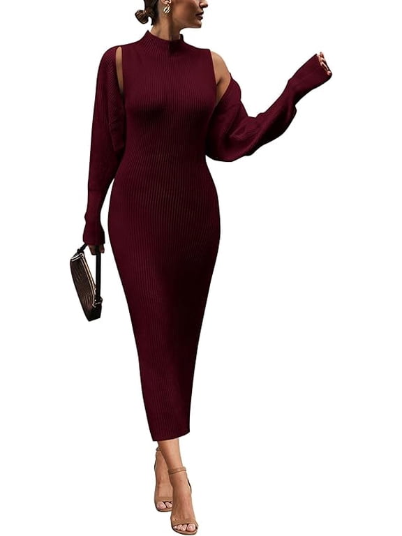 Womens Fall 2 Piece Outfits Bodycon Maxi Tank Pullover Sweater Dress and Long Sleeve Cropped Cardigan Knit Sets