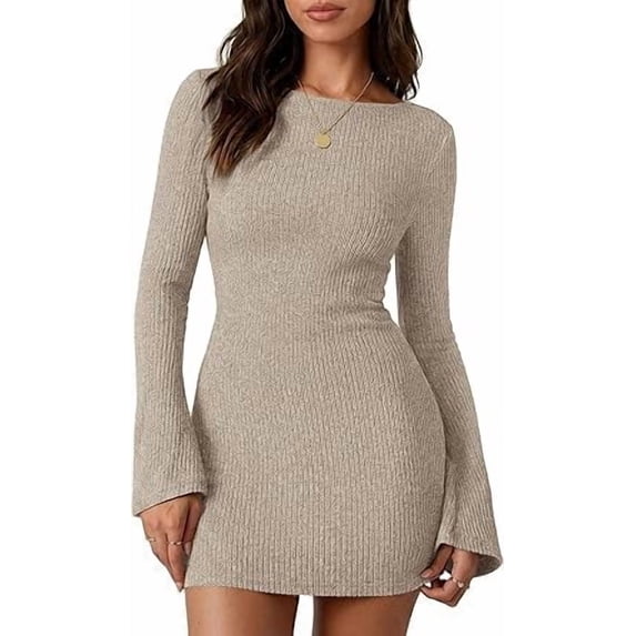 PRETTYGARDEN Womens Fall Bell Long Sleeve Mini Dress Casual Boat Neck Ribbed Bodycon Short Party Cocktail Dresses