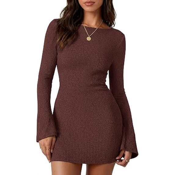 PRETTYGARDEN Womens Fall Bell Long Sleeve Mini Dress Casual Boat Neck Ribbed Bodycon Short Party Cocktail Dresses