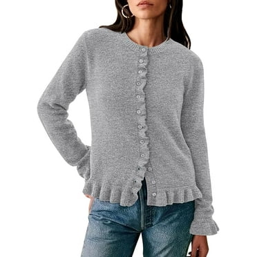 PRETTYGARDEN Womens Fall Button Down Cardigans Chunky Knit Ruffle Open Front Cropped Cardigan Sweaters Soft Long Sleeve Tops