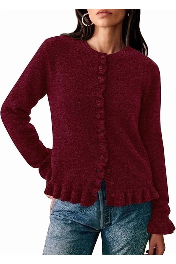 Womens Fall Button Down Cardigans Chunky Knit Ruffle Open Front Cropped Cardigan Sweaters Soft Long Sleeve Tops