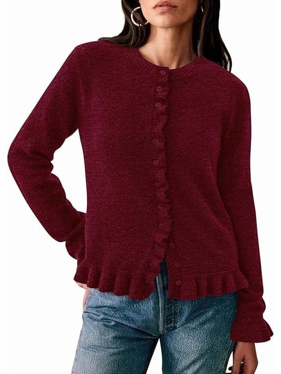 Womens Fall Button Down Cardigans Chunky Knit Ruffle Open Front Cropped Cardigan Sweaters Soft Long Sleeve Tops