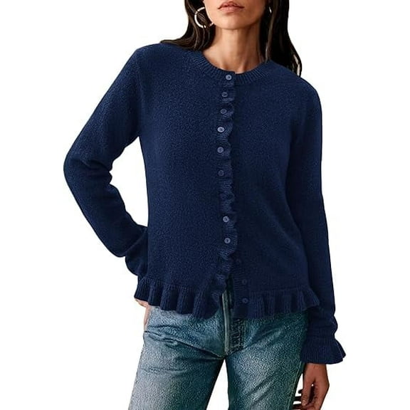 PRETTYGARDEN Womens Fall Button Down Cardigans Chunky Knit Ruffle Open Front Cropped Cardigan Sweaters Soft Long Sleeve Tops