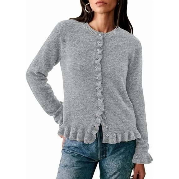 PRETTYGARDEN Womens Fall Button Down Cardigans Chunky Knit Ruffle Open Front Cropped Cardigan Sweaters Soft Long Sleeve Tops