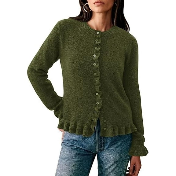 PRETTYGARDEN Womens Fall Button Down Cardigans Chunky Knit Ruffle Open Front Cropped Cardigan Sweaters Soft Long Sleeve Tops