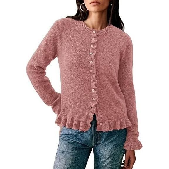 PRETTYGARDEN Womens Fall Button Down Cardigans Chunky Knit Ruffle Open Front Cropped Cardigan Sweaters Soft Long Sleeve Tops