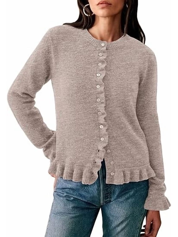 Womens Fall Button Down Cardigans Chunky Knit Ruffle Open Front Cropped Cardigan Sweaters Soft Long Sleeve Tops