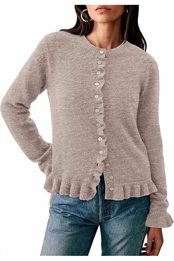 Womens Fall Button Down Cardigans Chunky Knit Ruffle Open Front Cropped Cardigan Sweaters Soft Long Sleeve Tops