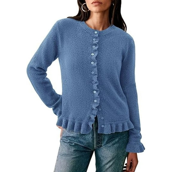 PRETTYGARDEN Womens Fall Button Down Cardigans Chunky Knit Ruffle Open Front Cropped Cardigan Sweaters Soft Long Sleeve Tops