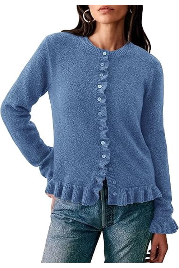 Womens Fall Button Down Cardigans Chunky Knit Ruffle Open Front Cropped Cardigan Sweaters Soft Long Sleeve Tops