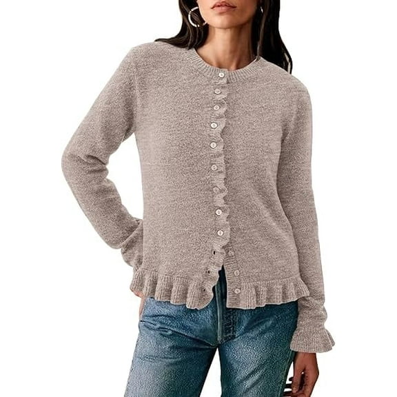 PRETTYGARDEN Womens Fall Button Down Cardigans Chunky Knit Ruffle Open Front Cropped Cardigan Sweaters Soft Long Sleeve Tops