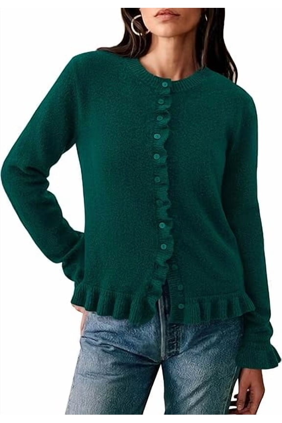 Womens Fall Button Down Cardigans Chunky Knit Ruffle Open Front Cropped Cardigan Sweaters Soft Long Sleeve Tops