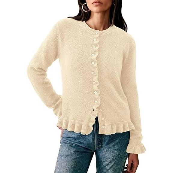 PRETTYGARDEN Womens Fall Button Down Cardigans Chunky Knit Ruffle Open Front Cropped Cardigan Sweaters Soft Long Sleeve Tops
