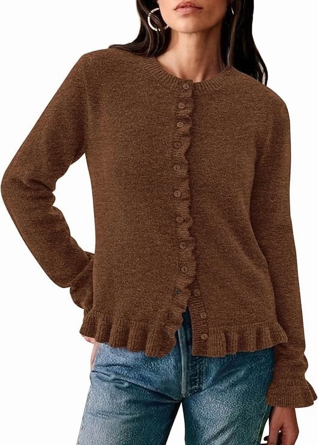 PRETTYGARDEN Womens Fall Button Down Cardigans Chunky Knit Ruffle Open ...
