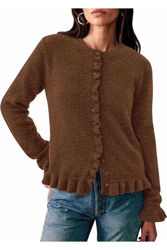 Womens Fall Button Down Cardigans Chunky Knit Ruffle Open Front Cropped Cardigan Sweaters Soft Long Sleeve Tops