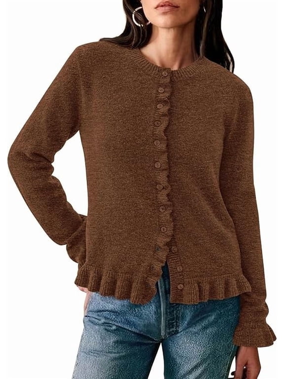 Womens Fall Button Down Cardigans Chunky Knit Ruffle Open Front Cropped Cardigan Sweaters Soft Long Sleeve Tops