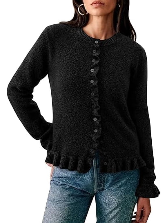 Womens Fall Button Down Cardigans Chunky Knit Ruffle Open Front Cropped Cardigan Sweaters Soft Long Sleeve Tops