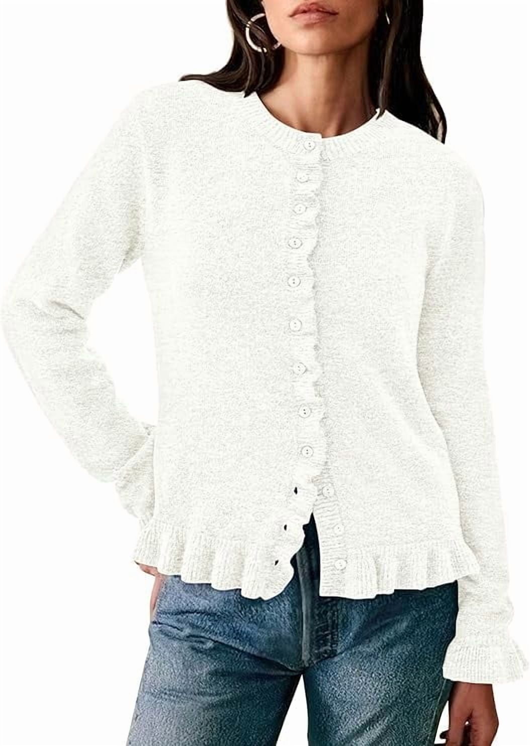 Womens Fall Button Down Cardigans Chunky Knit Ruffle Open Front Cropped Cardigan Sweaters Soft Long Sleeve Tops