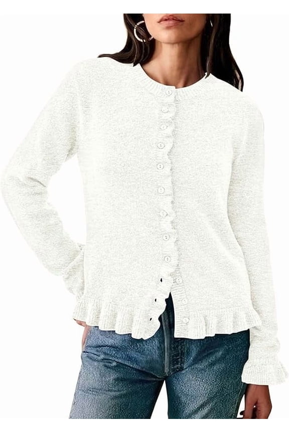 Womens Fall Button Down Cardigans Chunky Knit Ruffle Open Front Cropped Cardigan Sweaters Soft Long Sleeve Tops