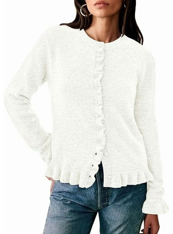 Womens Fall Button Down Cardigans Chunky Knit Ruffle Open Front Cropped Cardigan Sweaters Soft Long Sleeve Tops