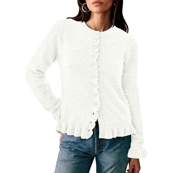 PRETTYGARDEN Womens Fall Button Down Cardigans Chunky Knit Ruffle Open Front Cropped Cardigan Sweaters Soft Long Sleeve Tops