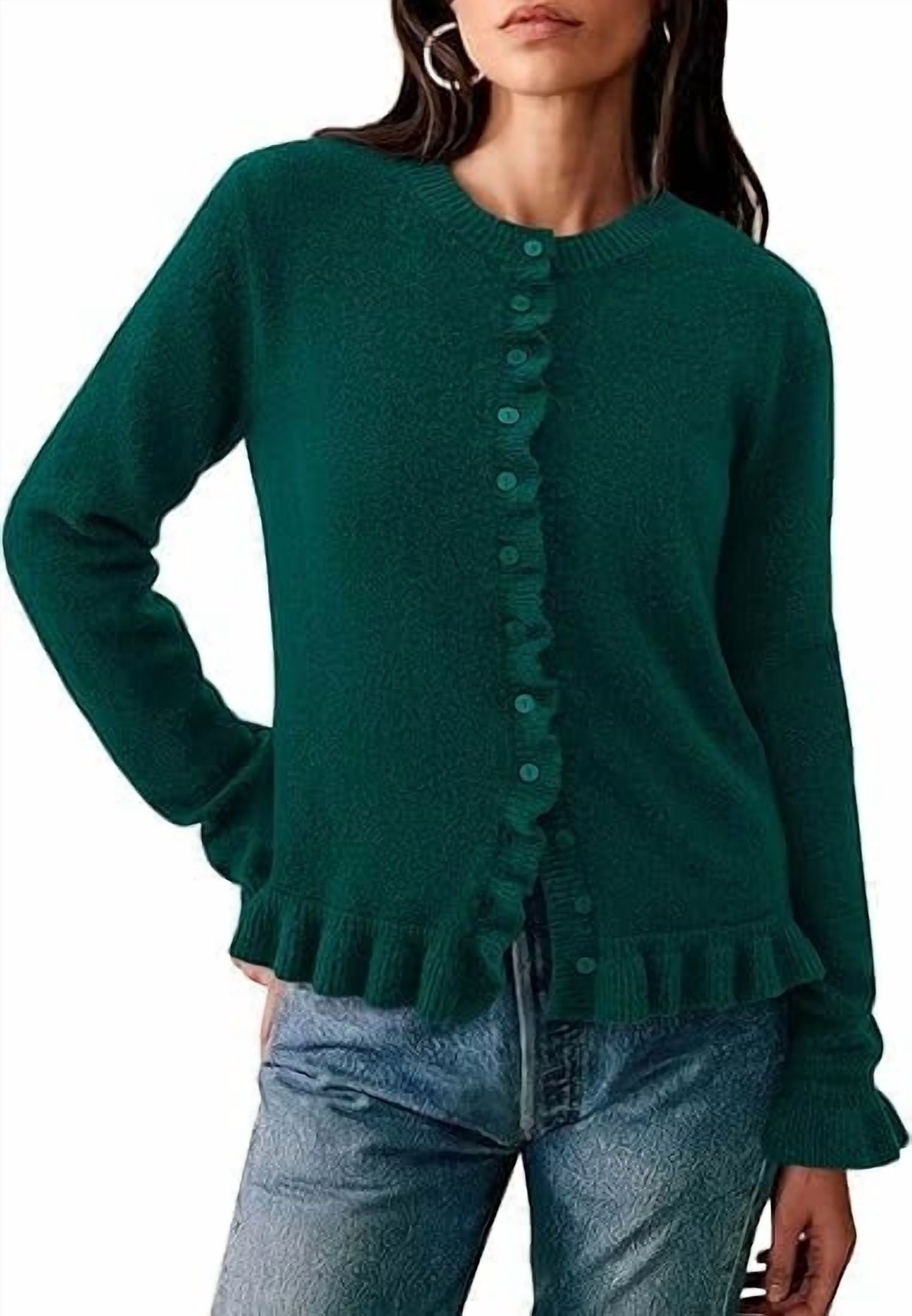 PRETTYGARDEN Womens Fall Button Down Cardigans Chunky Knit Ruffle Open ...