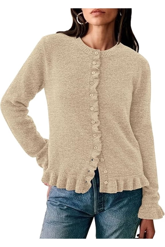 Womens Fall Button Down Cardigans Chunky Knit Ruffle Open Front Cropped Cardigan Sweaters Soft Long Sleeve Tops