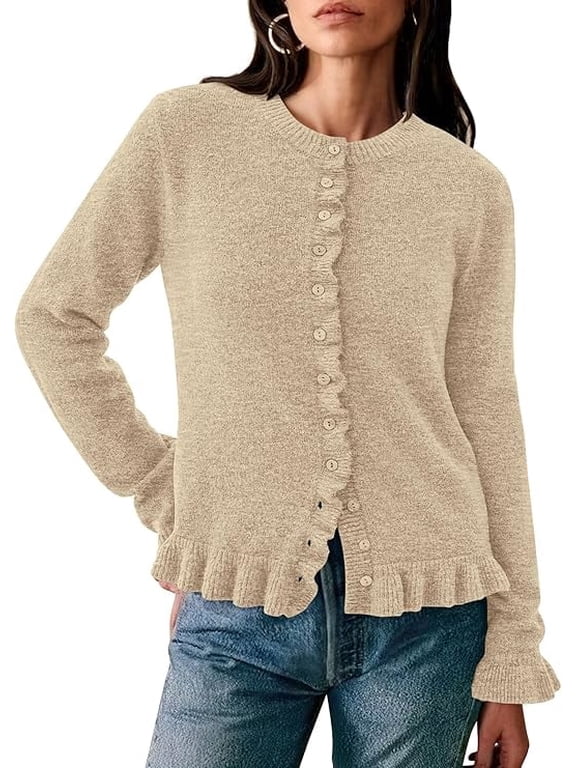 Womens Fall Button Down Cardigans Chunky Knit Ruffle Open Front Cropped Cardigan Sweaters Soft Long Sleeve Tops