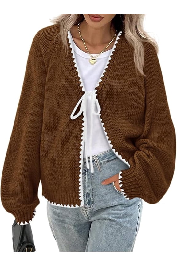 Womens Fall Cardigan Sweaters Long Sleeve Open Front Tie Knit Loose Cute Lightweight Sweater