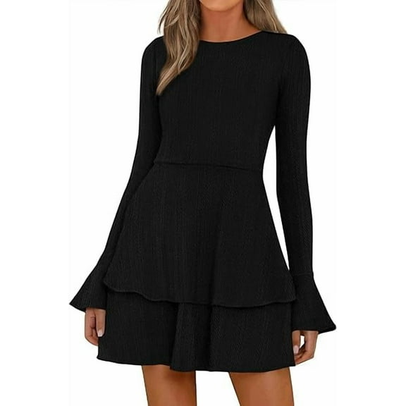 PRETTYGARDEN Womens Fall Fashion Long Bell Sleeve Mini Sweater Dress Casual Crewneck A Line Knit Short Cocktail Dresses