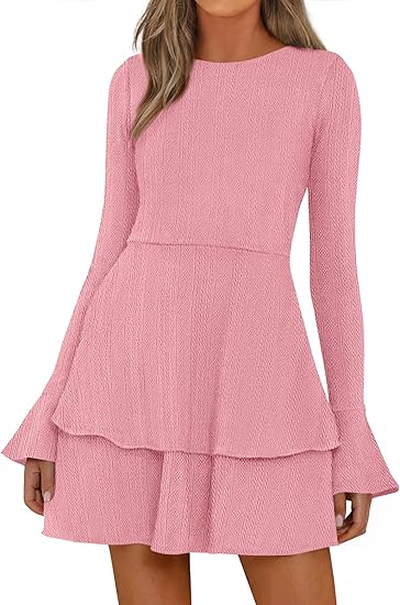 PRETTYGARDEN Womens Fall Fashion Long Bell Sleeve Mini Sweater Dress Casual  Crewneck A Line Knit Short Cocktail Dresses