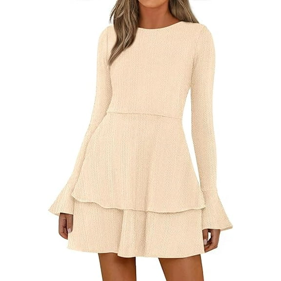 PRETTYGARDEN Womens Fall Fashion Long Bell Sleeve Mini Sweater Dress Casual Crewneck A Line Knit Short Cocktail Dresses