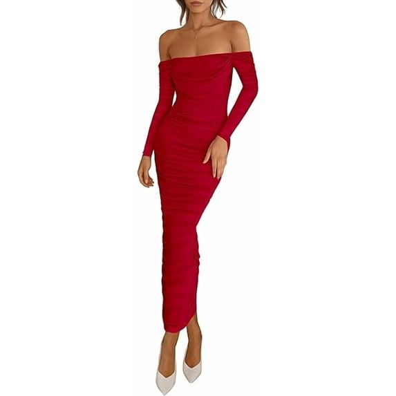 PRETTYGARDEN Womens Fall Long Sleeve Maxi Dress Off Shoulder Mesh Ruched Bodycon Trendy Long Wedding Guest Dresses