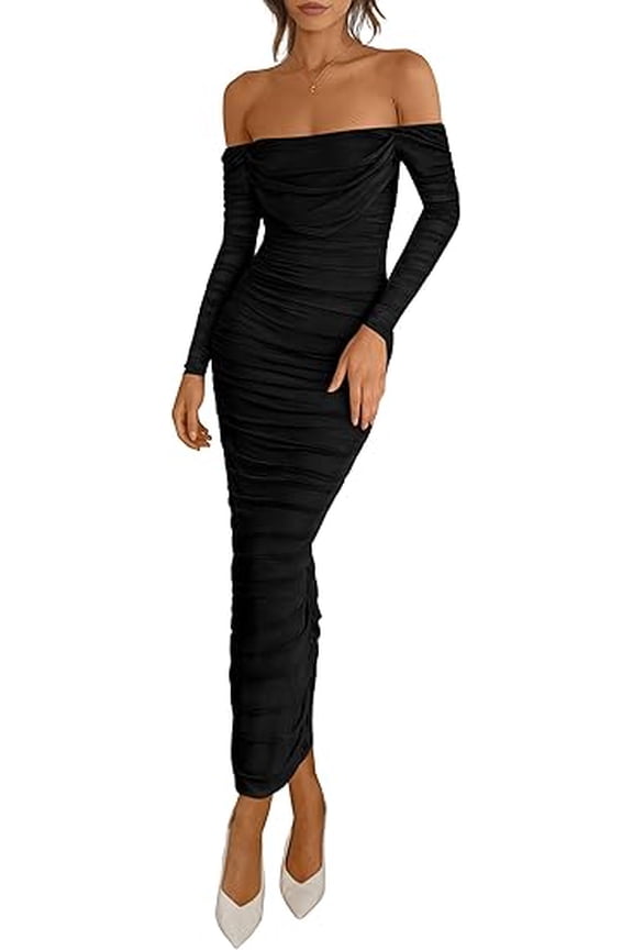 Womens Fall Long Sleeve Maxi Dress Off Shoulder Mesh Ruched Bodycon Trendy Long Wedding Guest Dresses